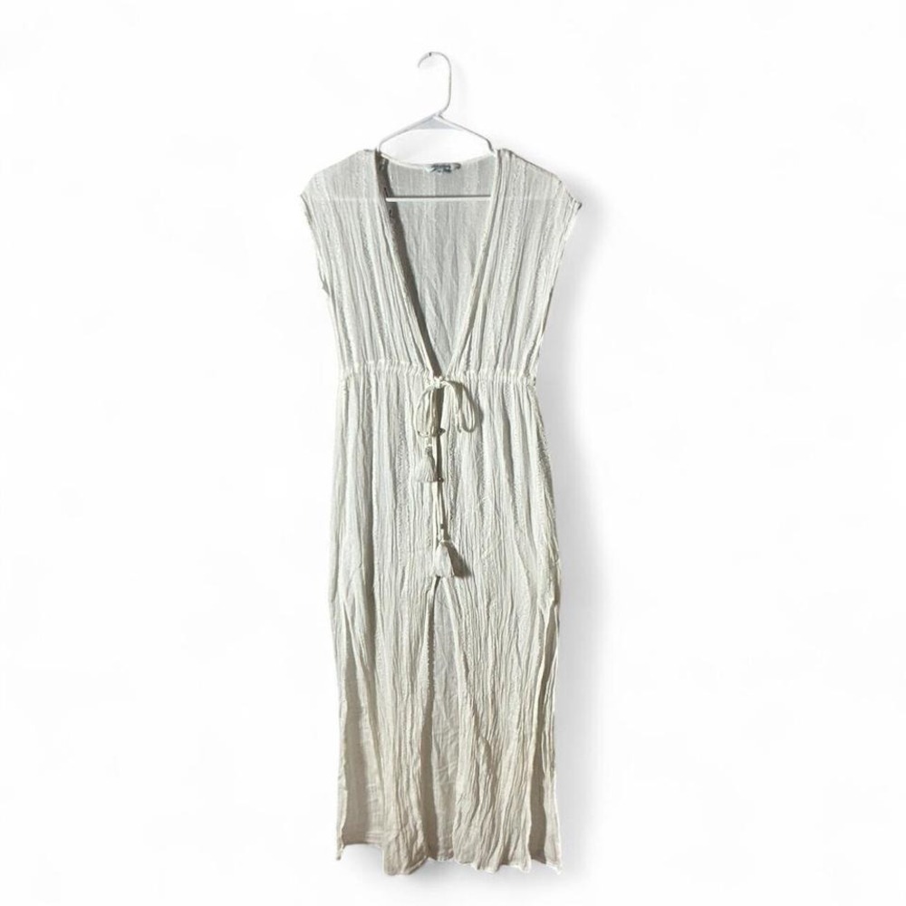 Blue Island White Rayon Gauze Tassel Drawstring Swim Cover Up Dress XS 7171-933